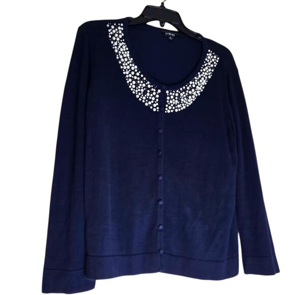 Elementz Cardigan Sweater Women XL Navy Blue Pearl Beaded Collar Long Sleeve - Picture 1 of 15